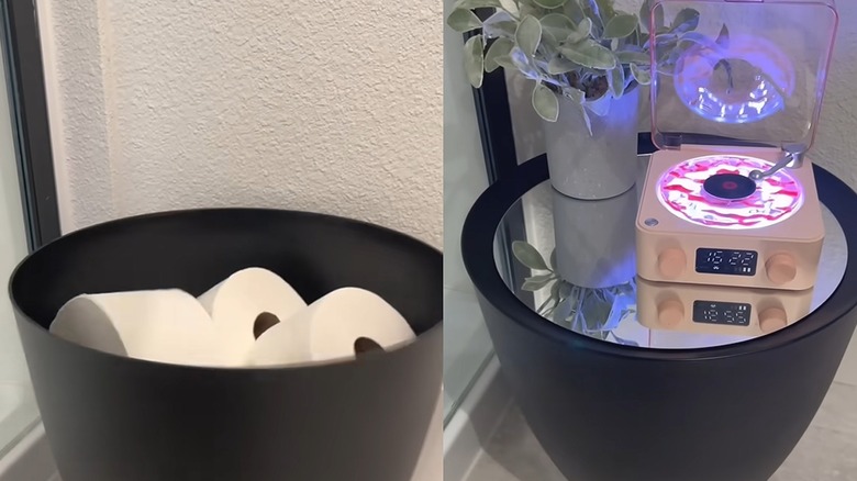 Toilet paper rolls hidden in dollar store planter pot in bathroom
