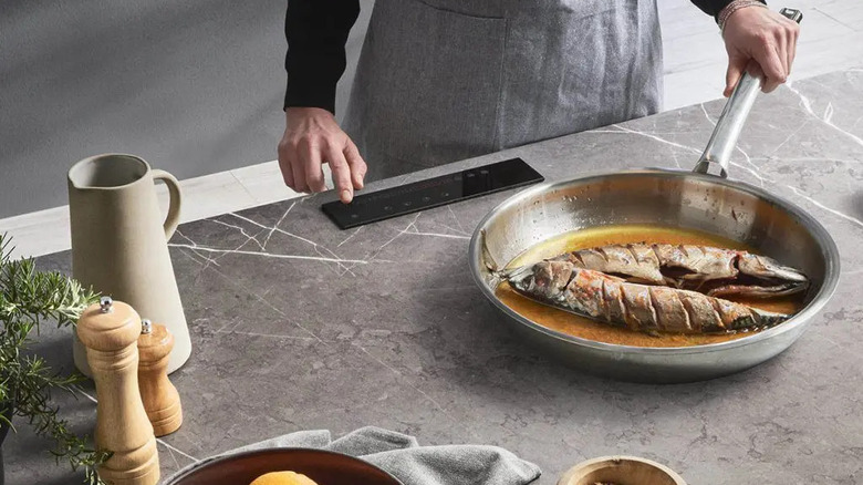 a person controls an under-counter induction cooktop