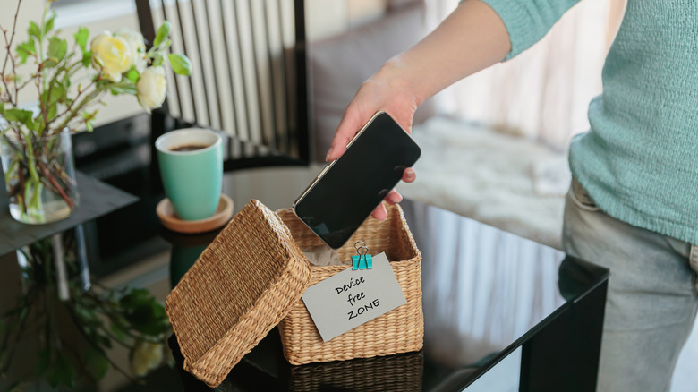 device free zone basket for family to place cell phones inside during meals to unplug