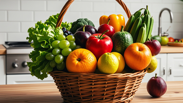 wicker basket full of fruits and vegetables