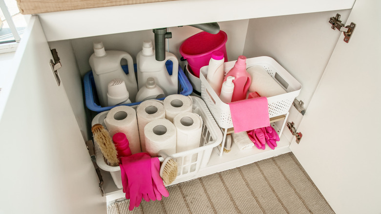 The cabinet underneath a sink with cleaning products organized into baskets and stands.