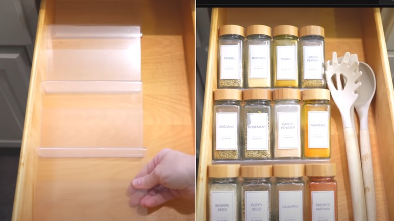 A side-by-side photo of a person laying down picture stands to use as a spice rack organizer.