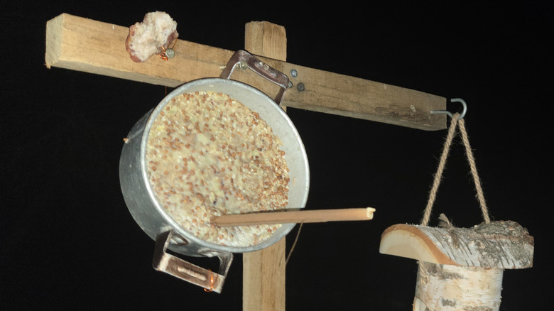 A kitchen pot hanging on a post, filled with a large suet block