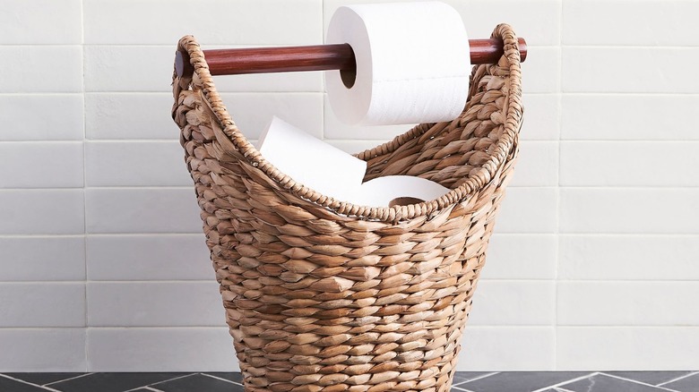 Stylish woven bathroom toilet paper holder with toilet paper rolls