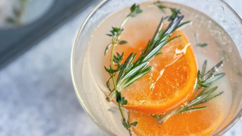 Muffin tray molded citrus and herb ice cubes