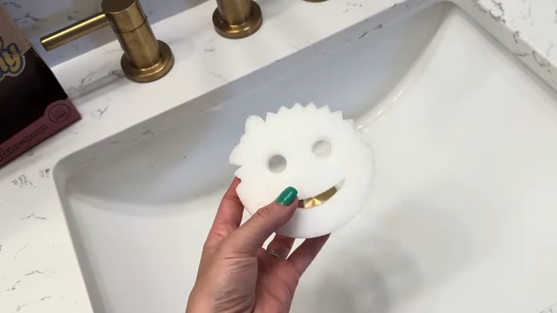 Hand holding scrub mommy over a sink