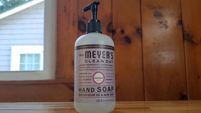 Mrs. Meyer's Hand Soap on a wooden shelf