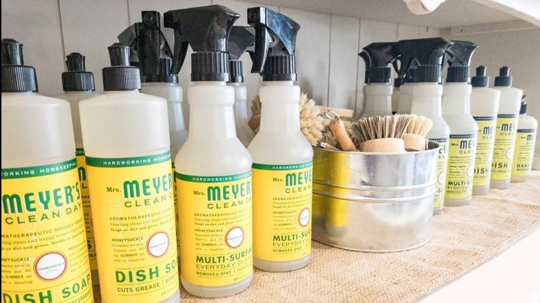 Mrs. Meyer's Multi-Surface Cleaners lining a shelf