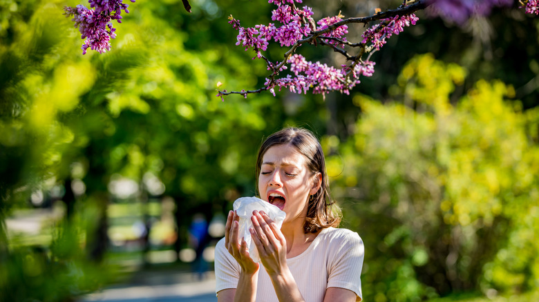 A woman sneezes while using a Kleenex surrounded by flowering trees