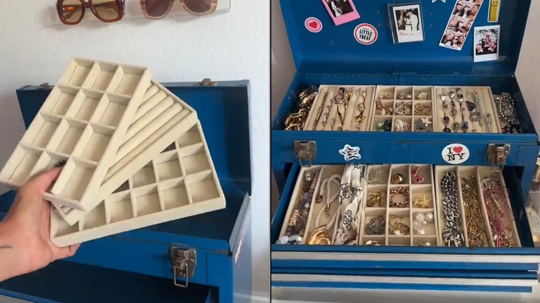 A splitview of hands holding dividers in front of a toolbox and the toolbox with dividers inside full of jewelry