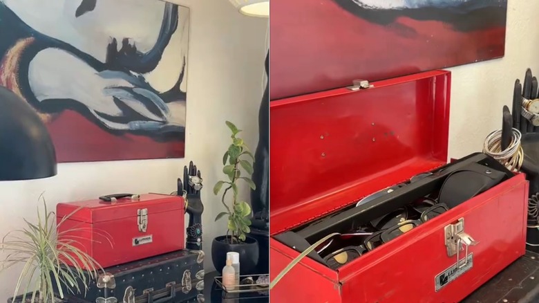 A splitview of a toolbox on an entryway table and an open toolbox holding sunglasses