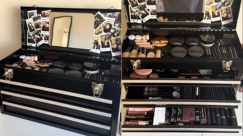 Splitview of a toolbox open at the top with a mirror and the toolbox full of makeup products