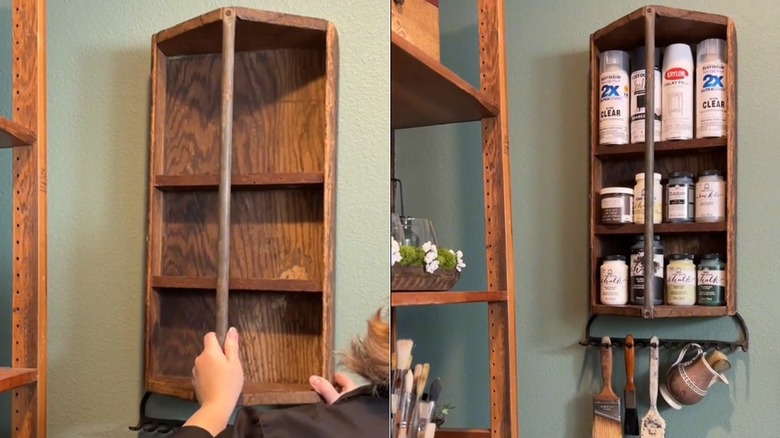 Splitview of a person hanging a tool caddy with rake accessory and the caddy filled with craft supplies