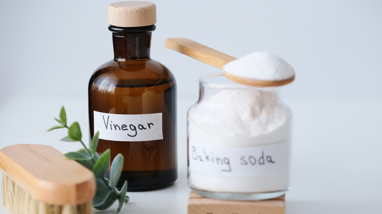 Vinegar and baking soda in separate glass bottles