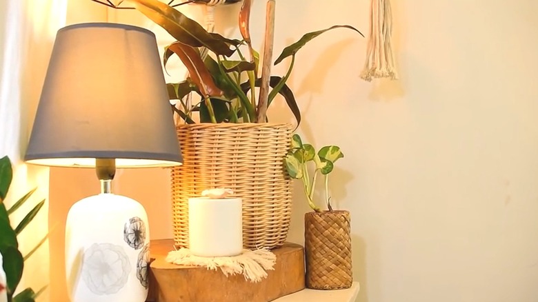 Woven baskets with houseplants on well-lit table in boho home