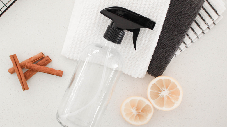 Empty spray bottle next to cinnamon sticks and lemons