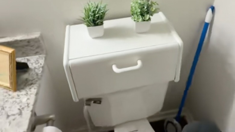 Bread box for toilet paper storage on top of a toilet tank