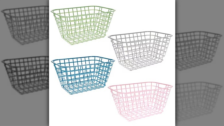 Dollar Tree wire baskets in four springtime colors.