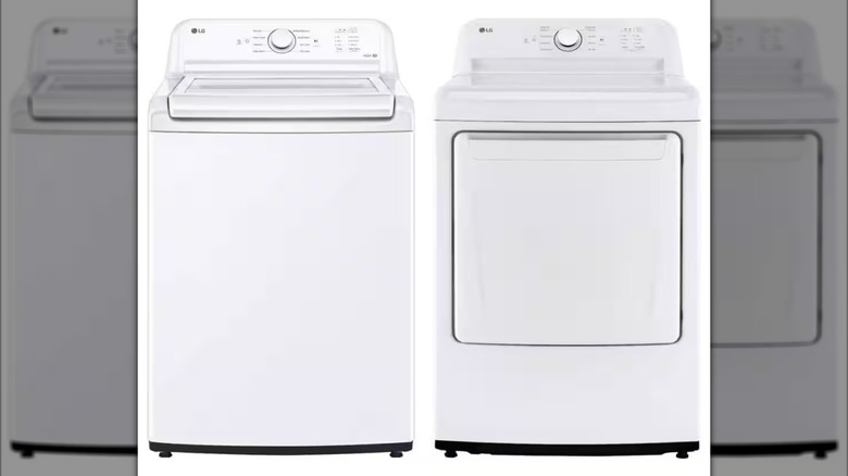 LG washer and dryer set in white with a top-load washer