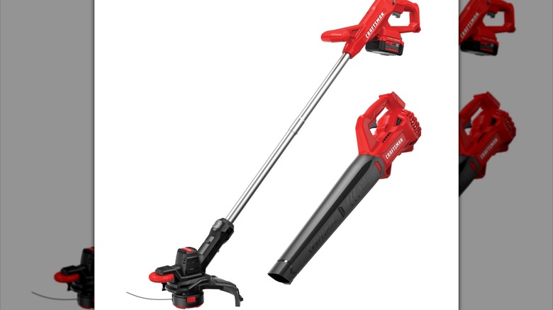 Craftsman string trimmer and leaf power with red handles and black features