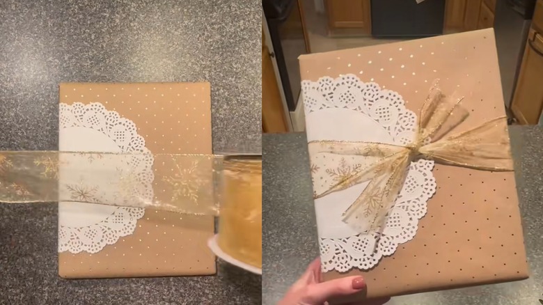 Doily used as gift wrapping accessory for decorative purposes