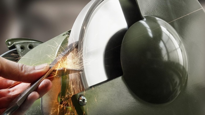 Powertec CBN grinding wheel on a bench grinder.