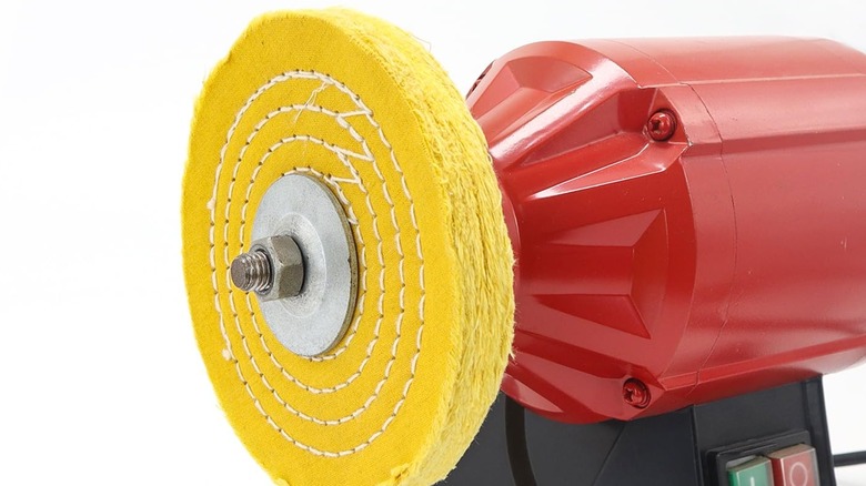 Scottchen polishing wheel on a bench grinder