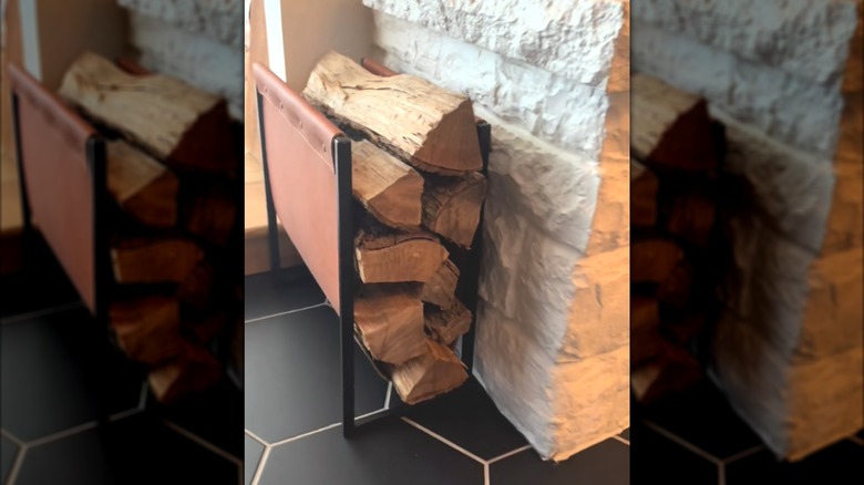 Chopped firewood tucked into leather book rack