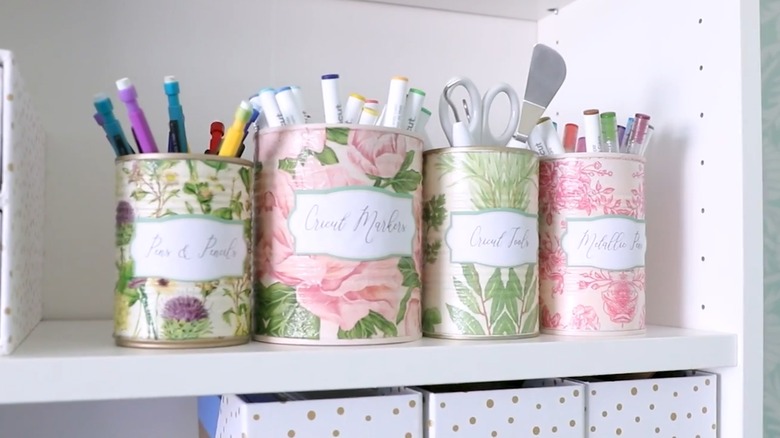 Decoupaged floral desk organizers with labels and desk supplies