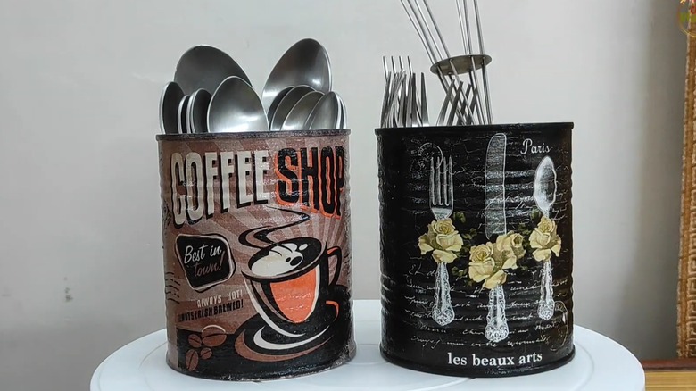 Extra large soup cans repurposed as bulk-size utensil crocks