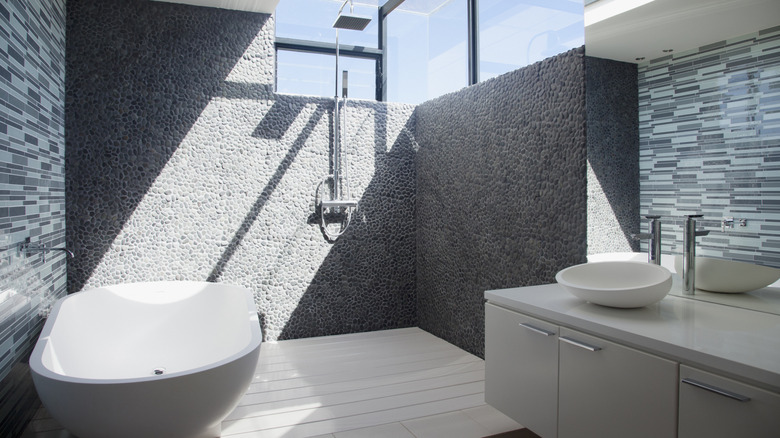 Open concept shower in a bathroom with a skylight and freestanding tub