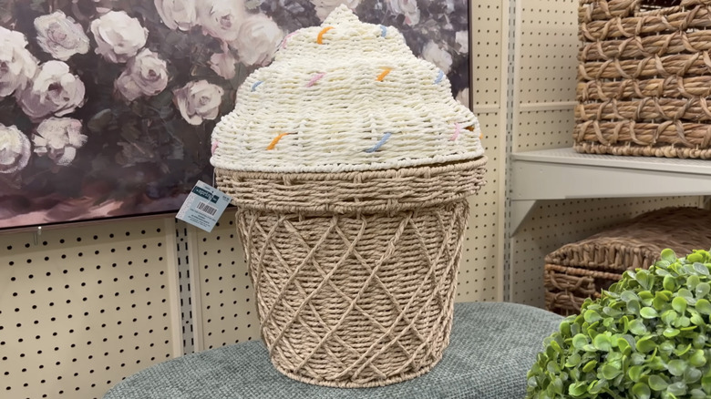 A large woven basket shaped like an ice cream cone is displayed at Hobby Lobby