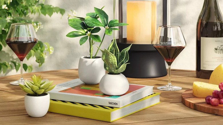 Glasses of red wine flank two potted plants in ceramic pots that are sitting on a pile of books on a wooden patio table