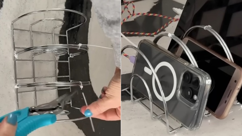 Split image of person trimming zip ties on Dollar Tree napkin holders and phones in the holders' slots.
