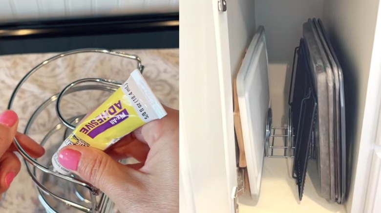 Woman DIYing wire pan and cutting board divider for narrow ktichen cabinet