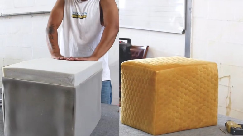 Young man crafting a modern yellow ottoman with cushions and velvet fabric