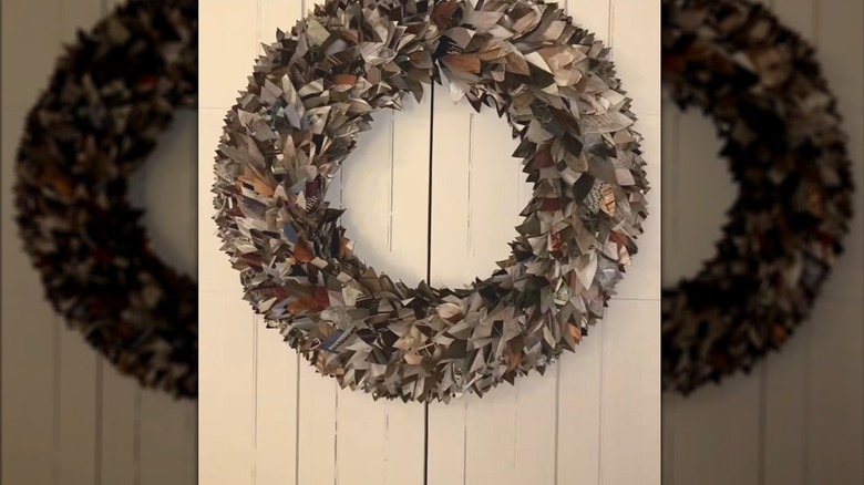 Magazine papers cut into leaf shapes for large unique wreath