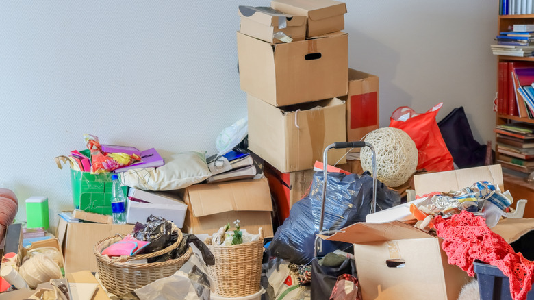 Piles of clutter inside home.