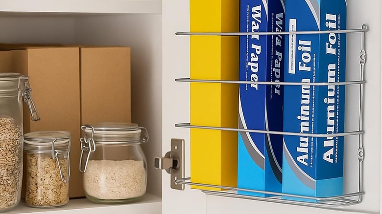 An Evelots Kitchen Wrap & Food Bag Organizer installed inside a cabinet door