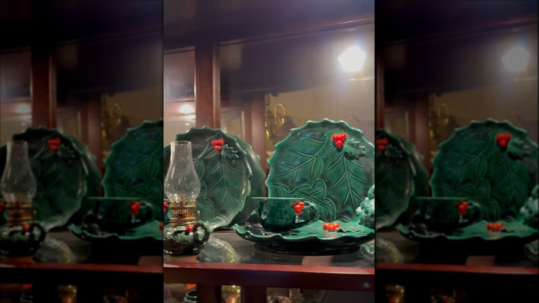 Lefton holly-themed set with a tea cup and several plates