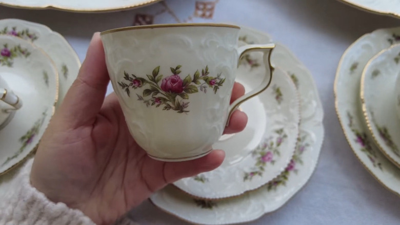 Person holding a vintage Rosenthal teacup with a rose pattern