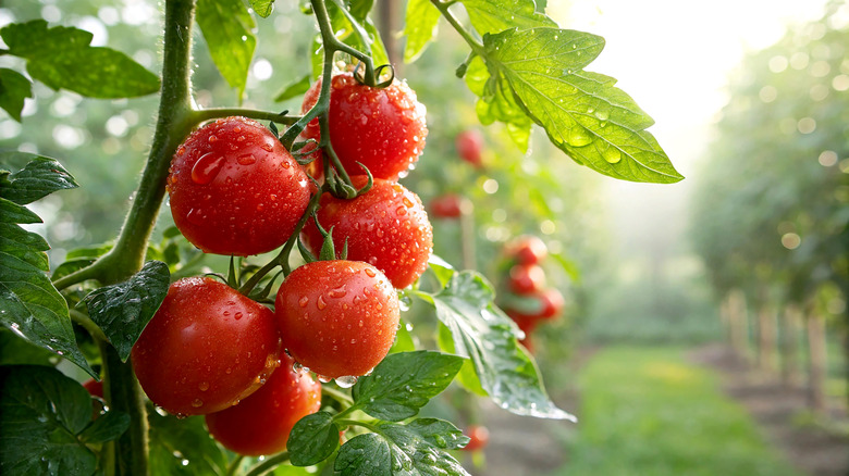 Close-up of tomatoes on the plant covered in rain