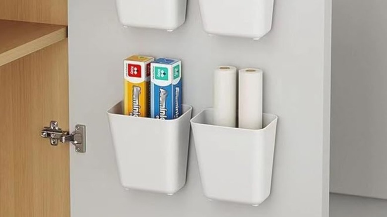 Small cabinet door organizers holding pantry essentials