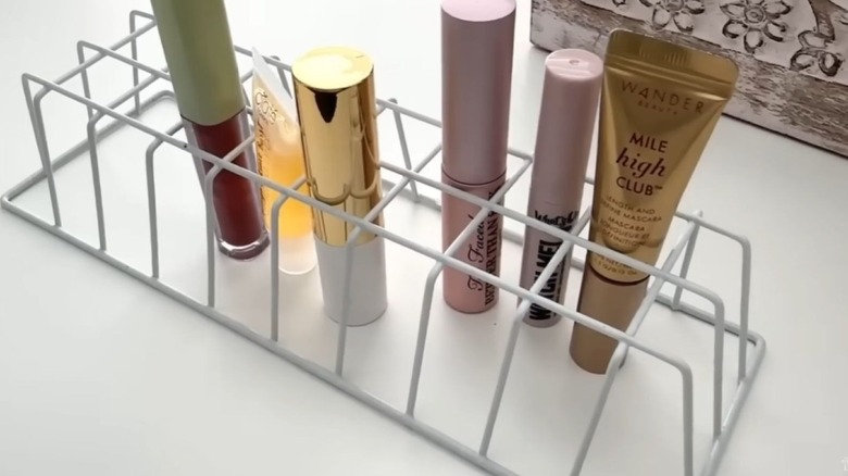 Wire tray with various cosmetics