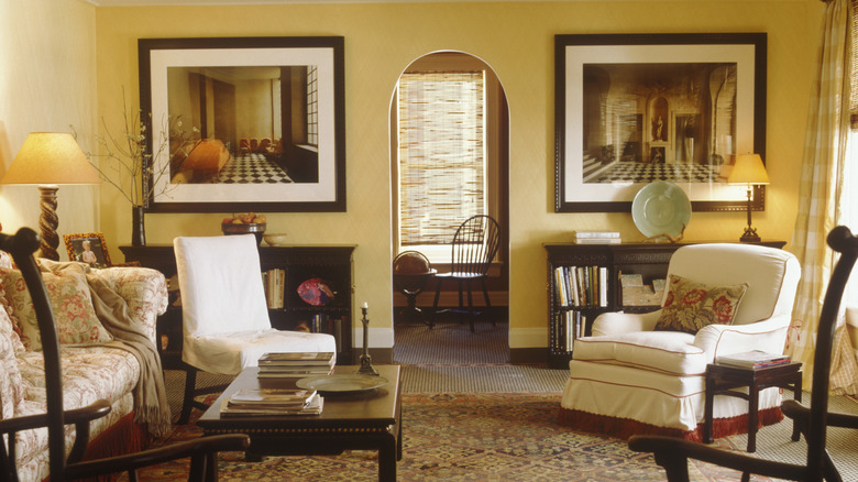 Retro living room furniture with cream and red furniture skirts