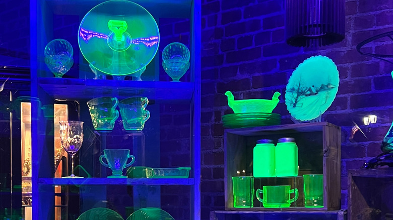 Shelves with uranium glass on display