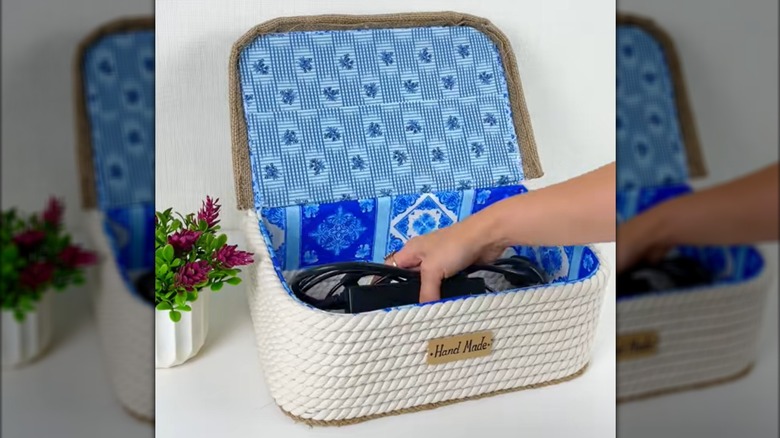 Cozy shoebox storage container DIY with rope accents.
