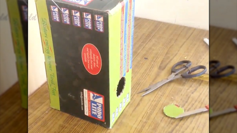 Cut-out birdhouse shoebox on wood table with pair of scissors.