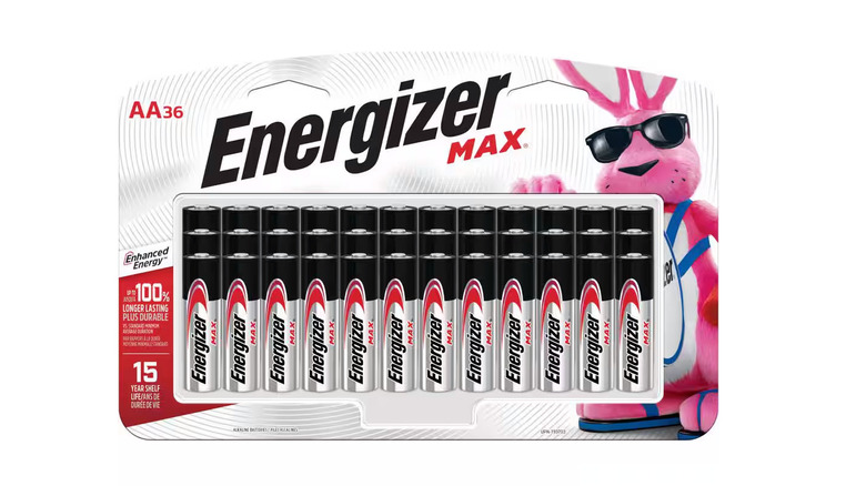 A large pack of Energizer MAX AA batteries are shown in a detail shot