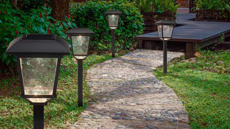 Black solar lights flank a stone garden path